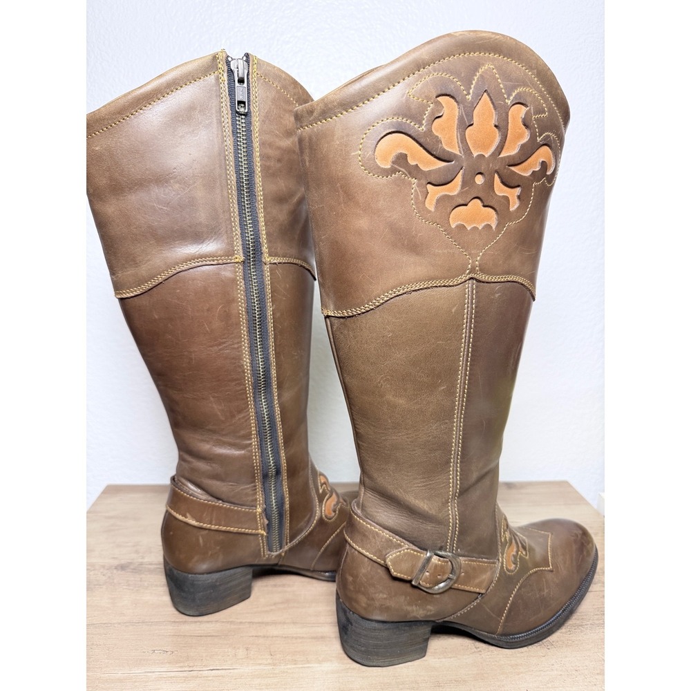 Born Brown Leather Tall Riding Boots Floral Cutout Western D13406‎ Womens 7/38 - Picture 3 of 12